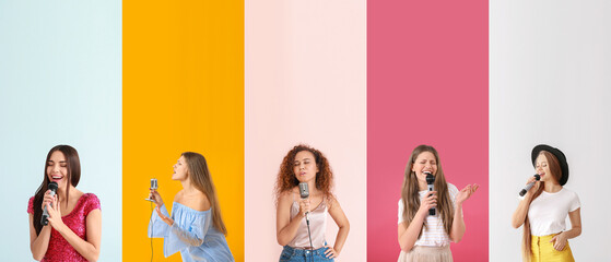 Set of different young women with microphones on color background