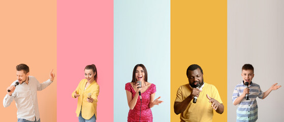 Set of different people with microphones on color background
