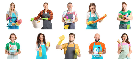 Set of people with cleaning supplies isolated on white