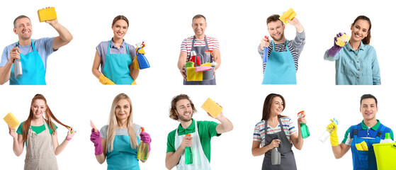 Set of people with cleaning supplies isolated on white