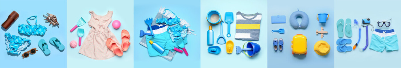 Collection of beach accessories, clothes and toys of little children on blue background