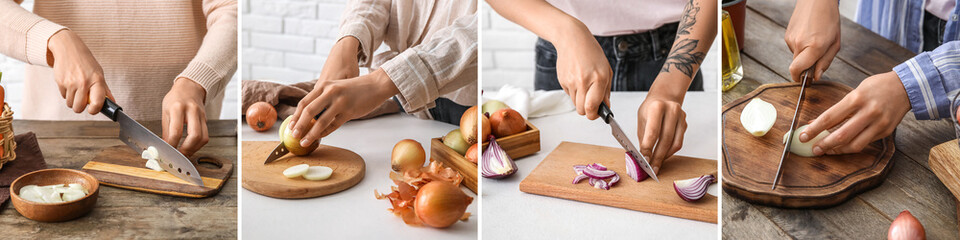 Collage of woman cutting fresh onion on table in kitchen