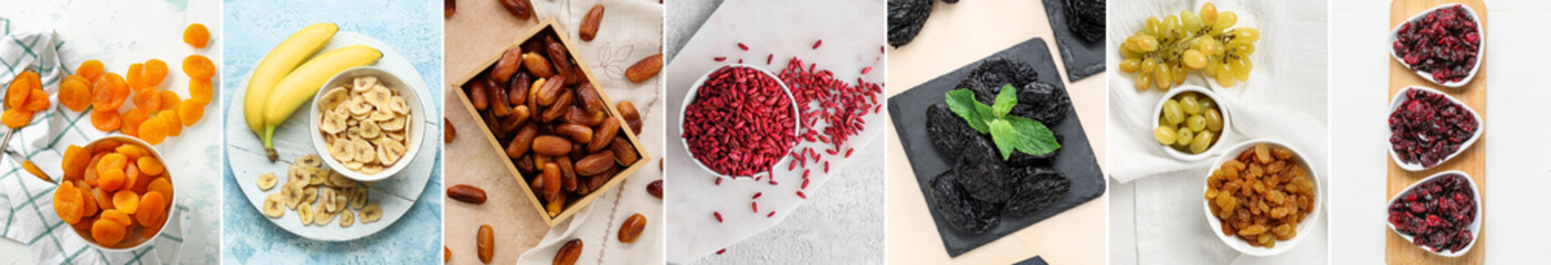 Collage of tasty dried fruits, top view