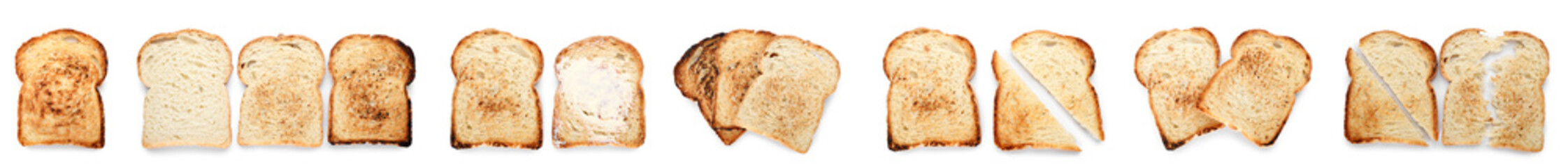 Set of tasty toasted bread on white background