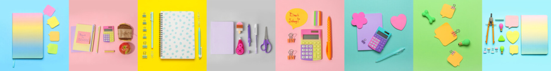 Collage with different school supplies on color background, flat lay