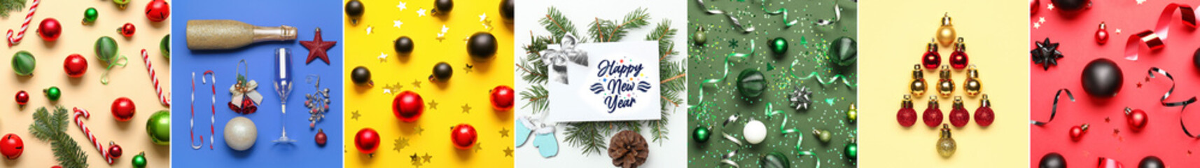 Collage of stylish Christmas compositions on color background, top view