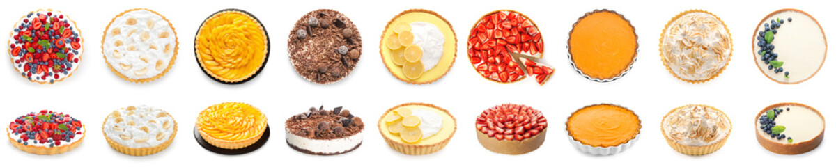 Collage of delicious pies isolated on white