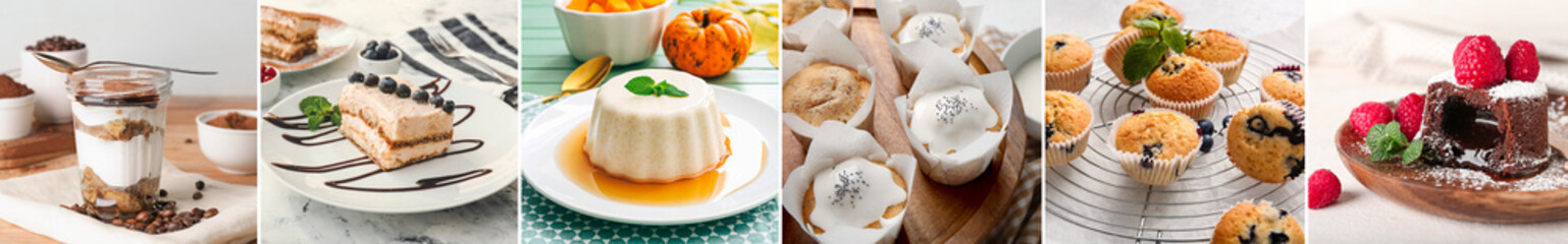 Group of tasty desserts on table