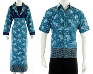 Sarimbit batik or a pair for men and women with classic patterns and the dominance of blue. In...