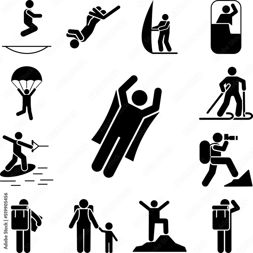 Poster man adventure flying icon in a collection with other items