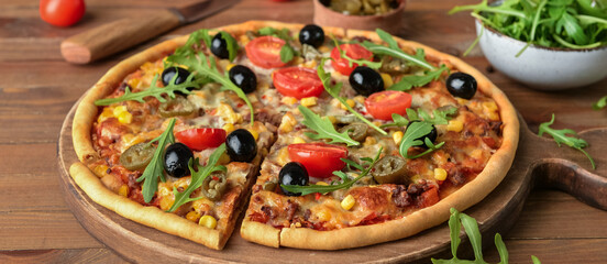 Fototapeta na wymiar Tasty pizza with olives on wooden background