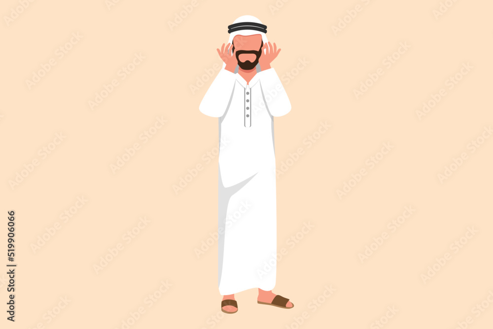 Sticker business design drawing depressed arab businessman standing and holding head, feeling headache. diso