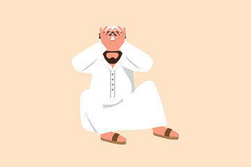 Business design drawing depressed Arab businessman feeling sad with holding head and sitting on the floor. Frustrated office worker with mental health problem. Flat cartoon style vector illustration