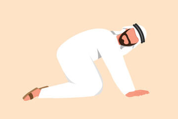 Business flat cartoon style drawing depressed Arab businessman crawling in despair on floor. Frustrated or stressed office worker losing job due to economic crisis. Graphic design vector illustration