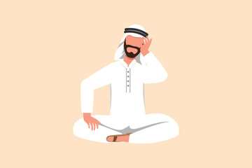 Business flat drawing depressed Arab businessman who is asking questions or confused because he gets into problem. Running out of ideas, daydreaming, sad, stressed. Cartoon design vector illustration