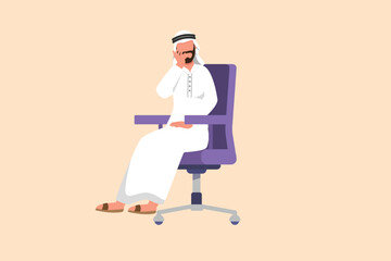 Business flat cartoon style drawing depressed Arabian businessman sitting on chair thinking about money for paying bills during crisis. Financial problem bankruptcy. Graphic design vector illustration