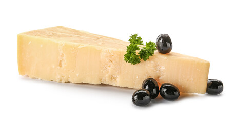 Piece of tasty Parmesan cheese and black olives on white background