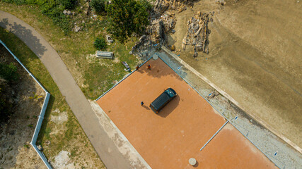 Aerial drone view of coastal scenery in Tanjung Kempit, Mersing, Johor, Malaysia.
