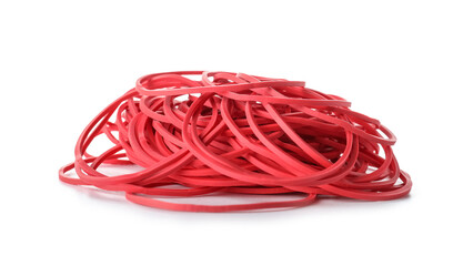 Heap of red rubber bands on white background