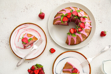 Composition with tasty strawberry cake on light background