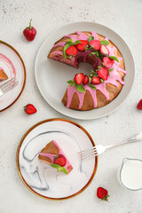 Composition with tasty strawberry cake on light background