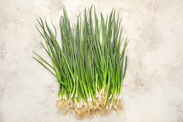 Many fresh green onion on light background