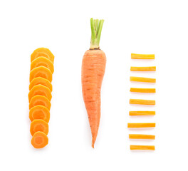Composition with fresh carrot and cut pieces on white background