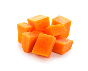 Diced carrot on white background