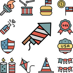 Rocket fireworks USA flag icon in a collection with other items