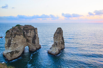 Beautiful view of the Pigeon Rocks on the promenade in the center of Beirut, Lebanon