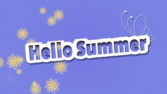 Hello Summer with butterfly and fly flowers on blue gradient, motion promotion, summer and retro style background