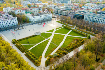 Aerial view of newly renovated Lukiskes square, Vilnius. Sunset landscape of Old Town of Vilnius, the heartland of the city, Lithuania. - obrazy, fototapety, plakaty