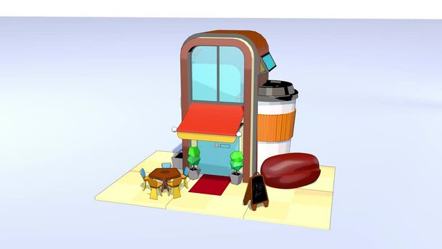 3D animated coffee shop. 3D model. Architectural animation. Animated 3D building. Shopping .Video 3D rendering
