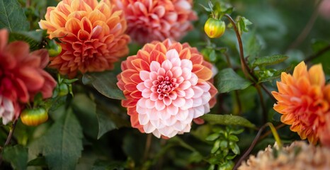 Colourful dahlia flowers in a backyard garden in autumn. Fall season.