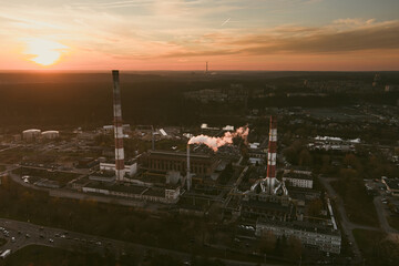 Aerial view of heating plant and thermal power station. Combined modern power station for city district heating and generating electrical power. Vilnius, Lithuania.