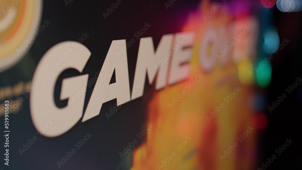Aufkleber extreme closeup on game over text on computer screen after failing level in online space shooter on 