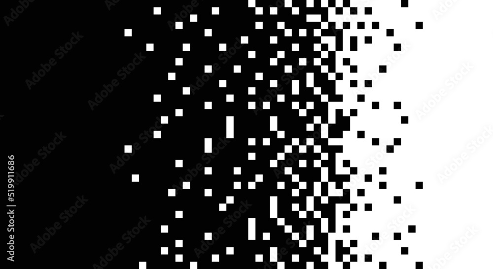 Poster disintegration pixel effect vector illustration. dissolved filled square pattern background.