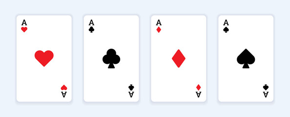 Set of heart, spade, club and diamond ace playing cards. Poker symbols vector illustration.
