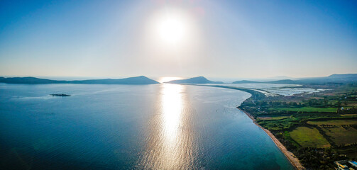 Beautiful aerial sunset view over Navarino bay near Gialova in Messenia, Greece