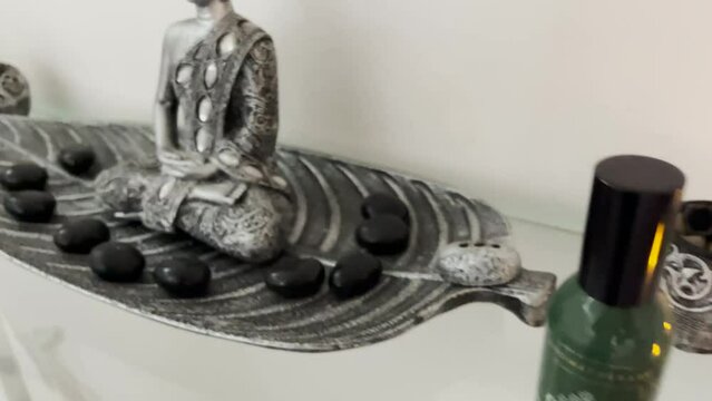 Meditation space. meditation altar. Buddha and candles. Relaxation with candles. Tranquility. Lifestyle. Spirituality.