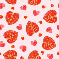 Half strawberry, cute hearts seamless watercolor pattern. Hand drawn slices of juicy sweet berry. Vintage background for decorating love cards, wrapping, textile, web. Valentines day concept