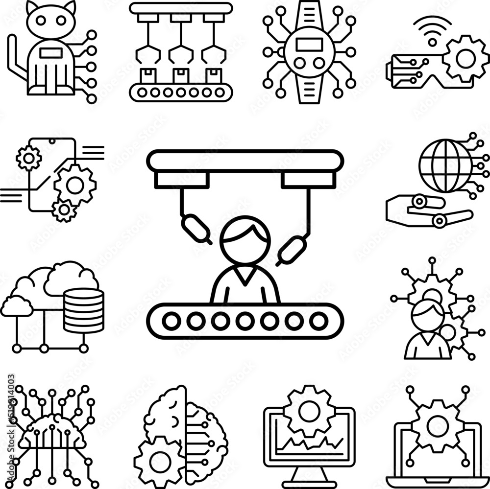 Poster robot arm man conveyor invention icon in a collection with other items