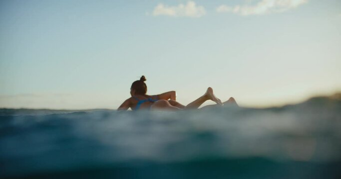 Beautiful Hawaiian surfer girl paddling out at sunset on longboard