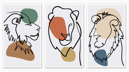 set of minimal lion abstract childish hand drawing continuous lines face  for posters, hanging wall, wallpaper, texture, banner, label, card etc. modern hipster style vector design.