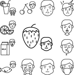 Strawberry, allergic face icon in a collection with other items