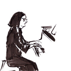 musician woman accompanist on the piano, black and white drawing, graphic sketch