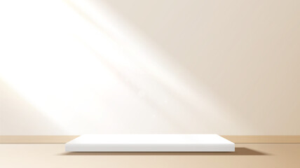 White square stage podium for product display, advertising, show, placed in room interior at clean with window shadow and sunlight backdrop. Vector illustration.