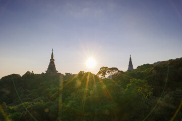 Twilight Moments sunset or sunrise Above the sacred pagoda at Doi Inthanon National Park, Chiang Mai, Thailand.