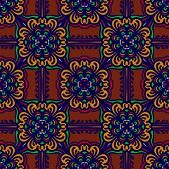 Retro geometric pattern in repeat. Fabric print. Damask style Seamless pattern background, mosaic ornament, vintage style. Design for prints on fabrics