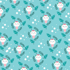 Seamless pattern of cute white bunnies on pink background with floral elements.